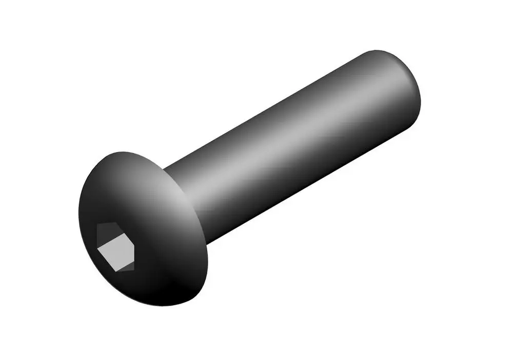 Schwarzfarbige Linsenschraube mit flachem Kopf und Hexagon-Antrieb. Bosch-Logo nicht sichtbar.